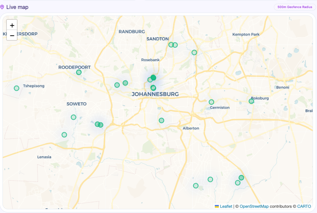 Real Live Geofenced Placement Map of Johannesburg
